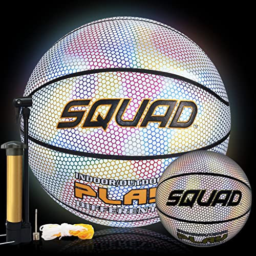 SQUAD Reflektierend Leuchtender Basketball Größe 7/29,5 Leuchtend im Dunkeln Basketball für Nachtsport Indoor Outdoor Basketball für Erwachsene mit Luftpumpe und Needle