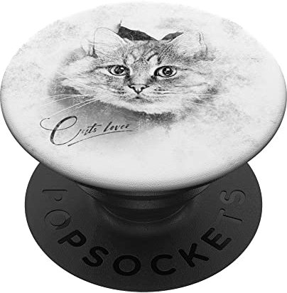 Cats by Fluffabulous Prints Weiße flauschige Katze, Zeichenstil, Vintage-Look, weiß-grau PopSockets Klebender PopGrip Handyhalterung für Handys