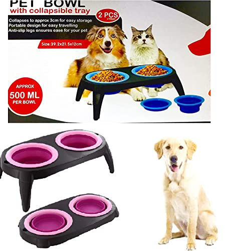 Copper Top - Collapsible Pet Feeding Bowl Set with Foldable Tray- Easy to Clean, Store and Anti-Slip Stand Great for Travelling Hiking Camping Home Indoor Outdoor (Blue)