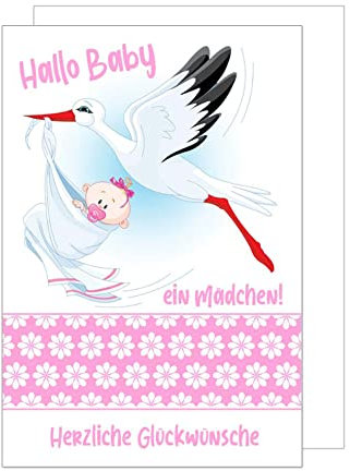 Edition Seidel Premium Glückwunschkarte zur Geburt mit Umschlag. Karte Ereigniskarte Grusskarte Hallo Baby ein Mädchen Herzliche Glückwünsche Storch Ereignis Mädchen rosa (E253 SW023)