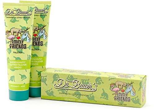 Dr. Bauer's Lovely Friends Zahnpasta mit Glitzer Motiven, viele tolle Geschmacksrichtungen, Zahncreme für Kinder und Erwachsene, nachhaltiger Verpackung, 90ml pro Tube FAULTIER 2er Pack (2x 90ml)