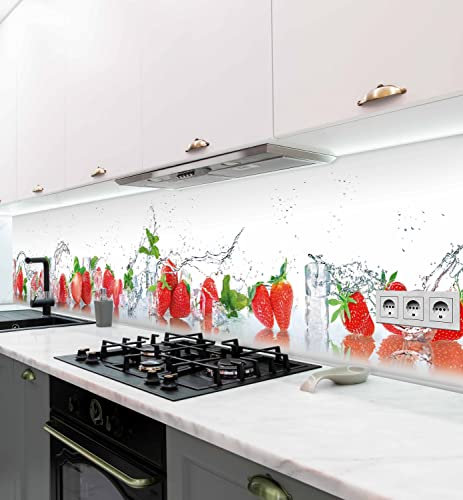 MyMaxxi Küchenrückwand Folie selbstklebend matt - einfache Montage ohne Bohren 0,4mm stark Versteift - Motiv Erdbeeren Rot Weiß 60cm hoch - Spritzschutz Küche Klebefolie - Eiswürfel Obst 120 x 60cm
