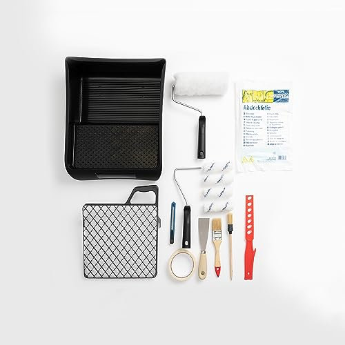 A.S. Création Renovierungs-Set 15-teilig - Set zum Renovieren & Streichen - Set mit Kunststoffwanne, Abdeckfolie, Abtropfgitter, Holzpinsel und Kreppband