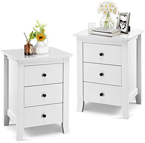 COSTWAY Bedside Table, Wooden Nightstand End Sofa Side Table with 3 Drawers, Modern Bedside Cabinet Accent Tea Tables Storage Unit for Living Room Bedroom Office (2, White)
