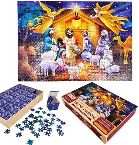 PW TOOLS Krippe Puzzle Adventskalender 2023 – Begrüßung der Krippe – 24 Teile – 1008 Teile Puzzle Adventskalender 2023 Erwachsene und Kinder