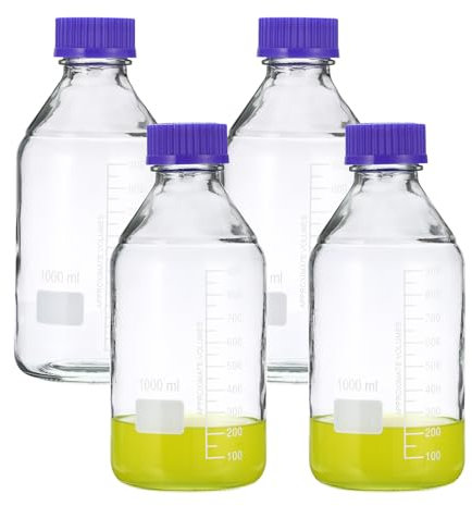 PATIKIL 4 Paquet Media Stockage Bouteilles, 1000ml Borosilicate Verre Gradué Rond Bouteilles avec GL45 Bleu Vis Bouchon pour Laboratoire Eau Réactif Liquides, Clair