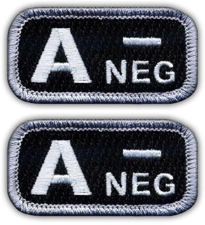 Set von zwei – Blood Type A Neg, Schwarz/Weiß – zum Aufnähen – bestickter Aufnäher/Abzeichen/Emblem