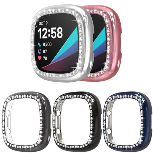 Bigqin Glitzer Diamanten Schutzhülle Kompatibel mit Fitbit Versa 4/Sense 2, 5 Stück Hart PC Hülle ohne Displayschutzfolie - Silber/Schwarz/Blau/Rosa/Grau