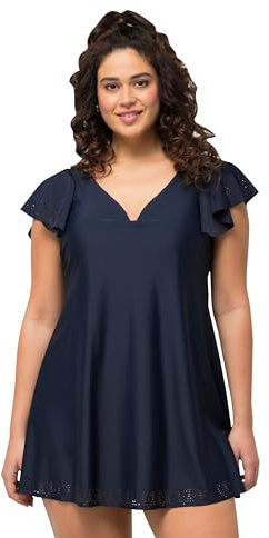 Ulla Popken Damen große Größen Übergrößen Plus Size Badekleid, Flügelärmel, Softschalen, Lasercut-Muster, Bügel Marine 62 816217130-62