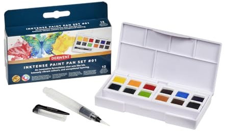 Derwent Inktense Paint 12 Pan Palette #1, Set of 12, Half Pan Size, Water-Soluble, Ideal for Painting & Crafts on Paper & Fabric, Professional Quality, Travel Size, 2306243