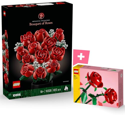 Lego Rosenstrauß & Rosen - Künstliche Blumen aus Klemmbausteine als Zimmer-Deko, Botanical Collection für Erwachsene, Icons, Art, Creator - Blumenstrauß Bundle (10328 & 40460)