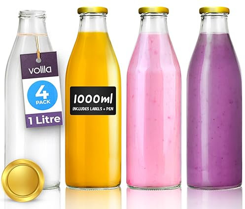 volila Glass Milk Bottles with Lids 1L - 4 Pack Reusable Milk Bottle for Beverages, Sauces, Storage Container and Decor - Leakproof Glass Bottles with Lids, Labels and Pen (Gold Lid)