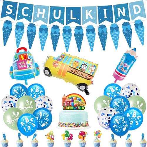 Einschulung Deko, Einschulung Junge Deko, SCHULKIND Girlande, Zuckertüten Girlande, Folienballon + Ballons + Schuleingangs-Kuchendekorationen Deko Set