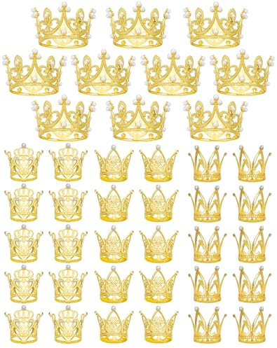 Anvin Gold Crown Cake Topper 40 Pcs Pearl Rhinestone Mini Crowns Small Diamond Tiaras for Flower Bouquet Cupcake Centerpieces Decoration of Girl Lady Bridal Wedding Birthday Party, 4 Crown Designs