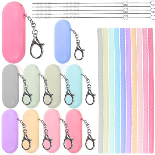Acshio Lot de 10 pailles en silicone avec étui, réutilisables et pliables avec brosses de nettoyage, pailles portables pliables pour l'école, le bureau, les fêtes, les pique-niques, 10 couleurs