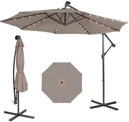 TANGZON 10 FT/3M Outdoor Cantilever Umbrella with 32 LED Lights, Garden Parasol with 8 Sturdy Ribs, Easy Tilt Mechanism, Steel Base, Patio Market Offset Umbrella for Backyard Pool Lawn (Coffee)