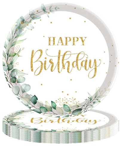 MAGLAUG Anniversaire Assiette Jetable, Sauge Vert Eucalyptus Assiette Carton Plateau Vaisselle Jetable pour Fête Anniversaire Fille Garçon Fille Femmes Party Decoration (Assiettes 18cm, 20pcs)
