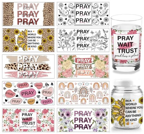 arricraft 10 Blatt UV DTF Cup Wrap, 10 Stile „Pray Word“-Motiv, Leopardenmuster, Blumen-Abziehbilder, Wasserfest, PVC-Papier, Abziehbilder Zum Selbermachen, 16 Unzen, Holz, 24 × 11 cm