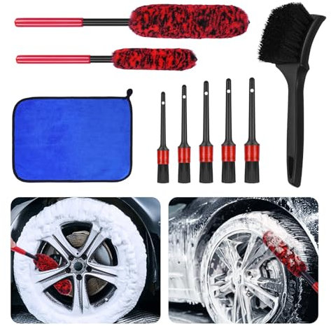 YYAQZD Juego de 9 cepillos de limpieza para llantas de coche, para limpieza interior y exterior, incluye cepillo de neumáticos, cepillo suave y paño de lavado de coche