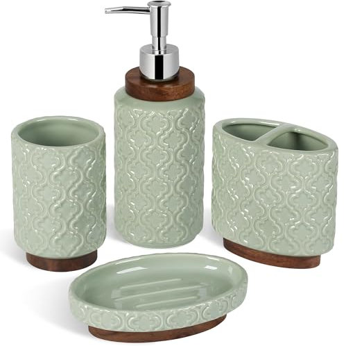 RQYIXI Badezimmer-Zubehör-Set, Zahnbürstenhalter, Seifenspender, Keramik-Badezimmer-Set mit Zahnputzbecher, Seifenschale, Becher, 4-teilig
