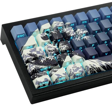 Tsungup PBT Keycaps 75 Percent,Side Print 131 Keys Custom Dye Sub Cool Shine Through Keycap Set,Wave of Kanagawa Dark Blue Keycaps Cherry Profile Keyboard Key Caps for Mechanical Keyboards