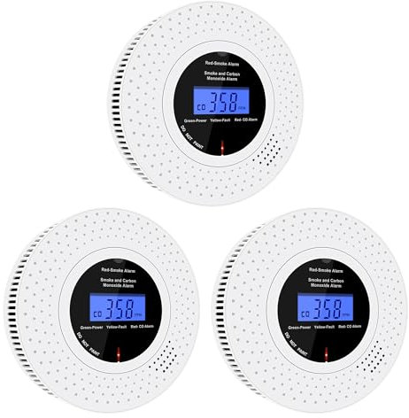 Scondaor Kombinierte Rauch- und Kohlenmonoxid-Melder mit LCD Anzeige, CO-Melder mit austauschbarer Batterie, nach EN14604 & EN50291 Standard Zertifiziert, 3er Set