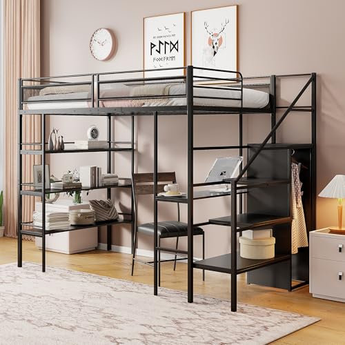 WIZBED Hochbett Metallbett 90x200cm mit Kleiderschrank & Schreibtisch & Treppe & 3 Regalen, Bettrahmen Etagenbett mit Lattenroste aus Metall, Jugendbett, ohne Matratze