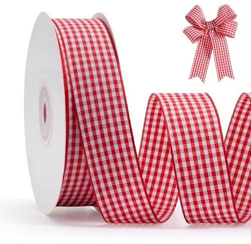 FAKILO Schleifenband Rot Gingham-Band 25mm x 22m Geschenkband Rot - Weiß Büffelkariertes Kariertes Band für Weihnachten, Geschenkverpackungen, DIY Basteln