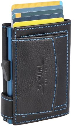 SecWal Kartenetui mit Münzfach Druckknopf inkl. Geschenkbox - Made in Germany - Echtleder Geldbörse inkl. E-Book für Damen und Herren Blauer Container - RFID Schutz Geldbeutel klein (Schwarz-Blau)