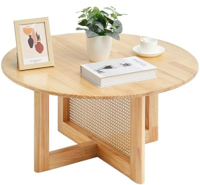 VEVOR Round Rattan Woven Wood Coffee Table with Rubber Wood Top, 33 in Modern Boho Circular Storage Coffee Table with Natural Wood Legs, for Living Room, Bedroom & Small Spaces