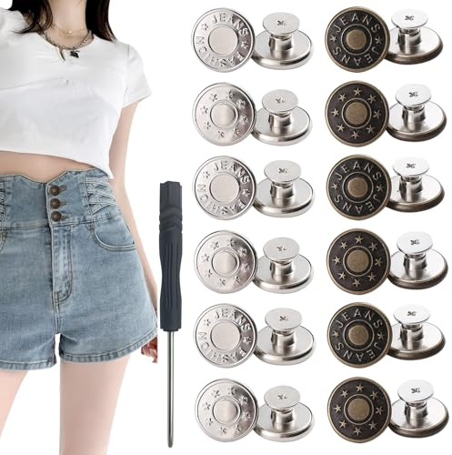 Verstellbare Jeansknöpfe Nähfrei, 12-teilige 17 mm/0.67 in Verstellbaren Abnehmbaren Bronze- und Silbermetallknöpfen Jeans Keine Nähknopfclips für Jeans