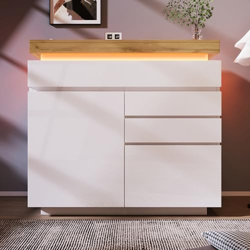 ANIROY Kommode, Hochglanz Sideboard, LED (App Control), Mehrzweckschrank für Wohnzimmer und Schlafzimmer (Weiß B)