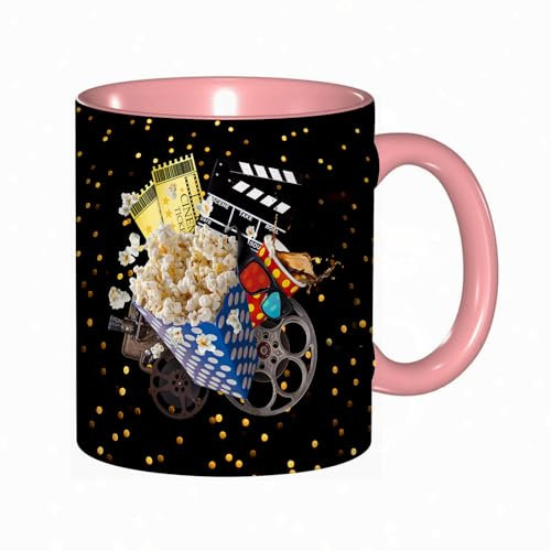 EKLMPS Becher aus Keramik, Ideal als Geschenk, Hochwertiger Aufdruck, Tasse mit Motiv, Tee Becher, Coffee Cup, 330ml,Kino Kinokarte Popcorn Cola Projektor Slapstickfilm 3D Brille