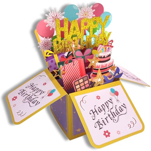 JanYoo 3D Geburtstag Karte mit Umschlag Pop up 3D Happy Birthday Grußkarte für Junge Mädchen Frau Mann Familie und Freunden Romantik Jahrgang für Party Jubiläum(Rosa-Alle)
