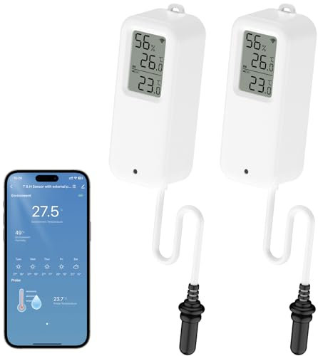 WIOONI 2 Pack WLAN Thermometer, WiFi Hygrometer mit Externem Sensor, Innen Außen für Gewächshaus, Aquarium, Kühlschrank, Sauna, Arbeit mit der Smart Life/Tuya-App