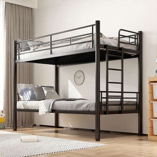 DELONGKE Kinder Etagenbett 90x200cm Bunk Bed Kids mit Sicherheitsgeländer Metallbett Umbaubar zu 2 Einzelbetten Bunk Bed mit Lattenrost Anti Rutsch Treppe, Schwarz (Etagenbett)