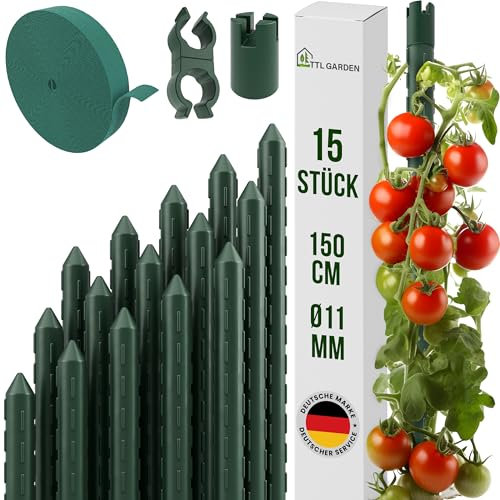TTL GARDEN Rankstäbe 15er Set 150cm x 11mm Ø grün - Rankhilfe Pflanzstäbe + Klettband + Clips - Stahl rostfrei Kunststoff beschichtet Rankhilfe Blumenstütze Pflanzenstütze -Tomaten Gurken & Blumen