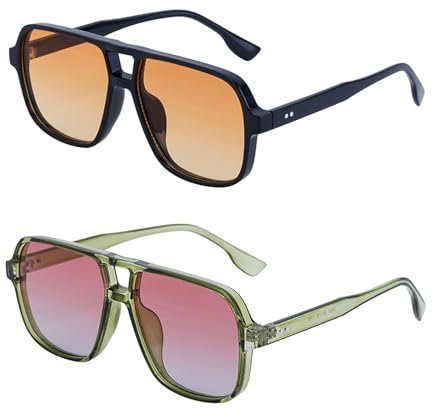 TUONYIS 2 Stücke Retro Sonnenbrille für Damen Herren, 70er Jahre Vintage Pilotenbrille Nachtsicht Rechteckige Sonnenbrille Quadratische Doppelsteg Schutzbrille zum Autofahren (Schwarz, Grün)