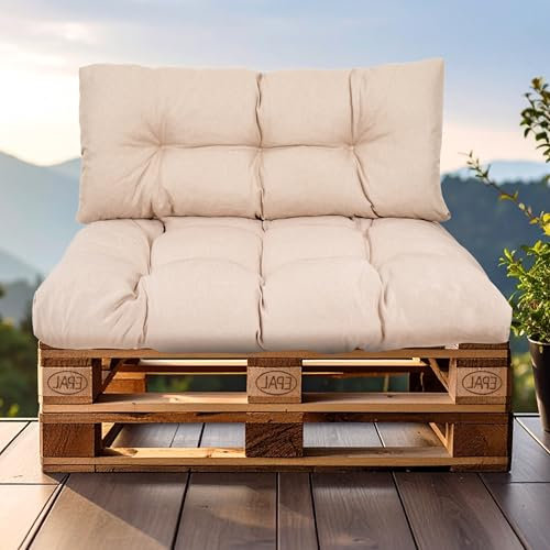 SLIPIO Palettenkissen, Kissen für Europaletten, FÜLLPRO+ Füllung, Wetterfest Palettenpolster (2-teiliges Set - 1x Rückenkissen 120x40cm + 1x Sitzkissen 120x80cm - Beige)
