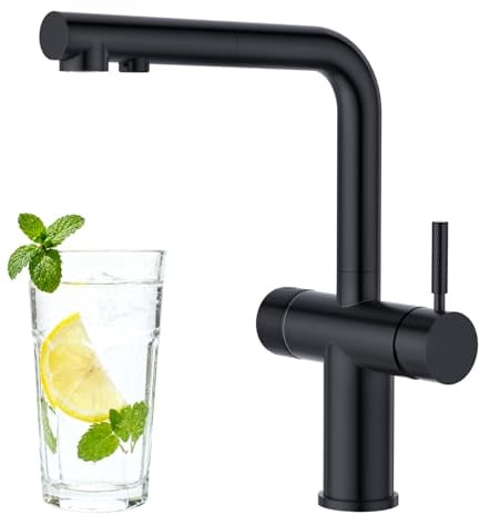 Faustina Robinet de cuisine 3 voies avec douchette extensible, mitigeur à double levier, robinet d'évier, robinet d'eau potable pour cuisine en acier inoxydable noir pour osmoseur inverse et filtre à