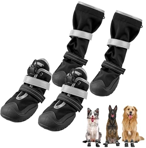 OneTigris 4 Stück Anti-Rutsch Hundeschuhe, Pathfinder Pfotenschutz Wasserdicht, Verstellbar, mit Reflektierenden Klettverschlüss für Mittlere und Große Hunde - Schwarz, Größe 5