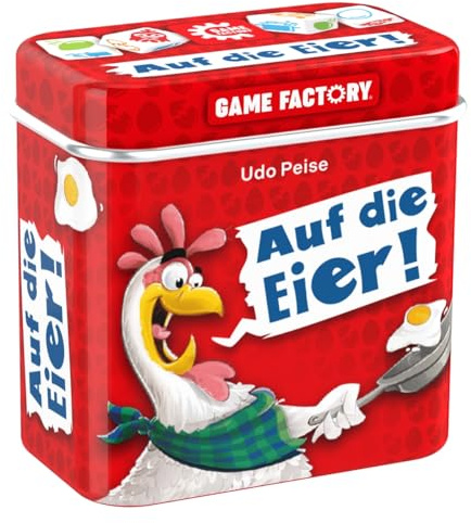 Game Factory 646038 Auf die Eier, das lustige Würfelspiel, Mini-Spiel | in handlicher Metalldose, einfaches Reisespiel für Erwachsene und Kinder ab 8 Jahren