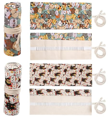 DINGFENG 2 Stiftrolle 36 Löcher Leinwand Federmappe mit Katzenmuster | Rollmäppchen waschbar für Aquarellstifte Buntstifte Schulbedarf tragbar