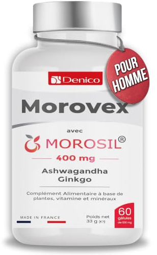 MOROVEX® | Brûleur Actif Homme | Morosil®, Ashwagandha, Ginkgo Biloba | Formule 6-en-1 : Zinc, Chrome, Vitamine D3 | 60 gélules végétales | Cure 1 mois | Fabriqué en France