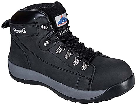 Portwest FW31 Steel Nubuck Leather Mid Boot Padded Collar Lace-Up Fastening | Black, 6, SB EN ISO 20345, CE Certified, Phylon and Rubber Outsole, Dual Density, Heat Resistant, Slip Resistant Sole