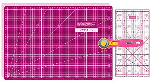 SEMPLIX Schneidematten Set - Schneideunterlage 45 x 30 cm (A3), Rollschneider Maxi 45 mm, Patchwork Lineal 30x15 cm (pink/Beere)