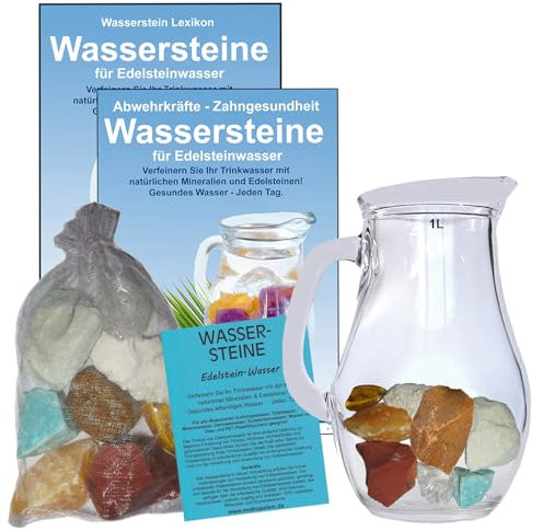 Wassersteine EDELSTEINWASSER Set 300g EDELSTEINE zum energetisieren. Steine für MAGEN & DARM + 1,0L Glaskrug Karaffe. 5-tlg Set zur Wasseraufbereitung und Wasserenergetisierung. 90043-2