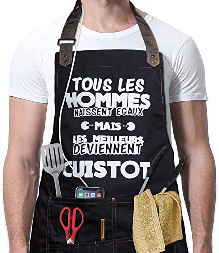 VJOLI Tablier de Cuisine Humour Tablier Barbecue Homme Épais BBQ Tablier Cuisine Femme/Homme 6 Poches Taille Réglable Anti-Tâches Tablier Humoristique Familial, Restaurant, Jardin, Barbecue, Café