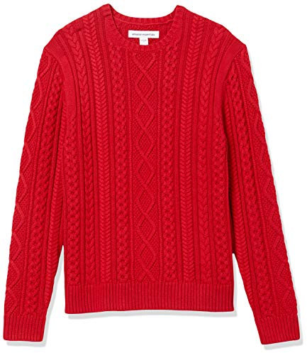 Amazon Essentials Men's Long-Sleeve 100% Cotton Fisherman Cable Crewneck Jumper, Red, M