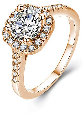 UFOORO Pink Rose Gold Color Rings for Women Sparky Cubic Zirconia Anniversary Wedding Engagement Ring CZ Ring Solitaire Crystal Band Jewellery Gift Size Q